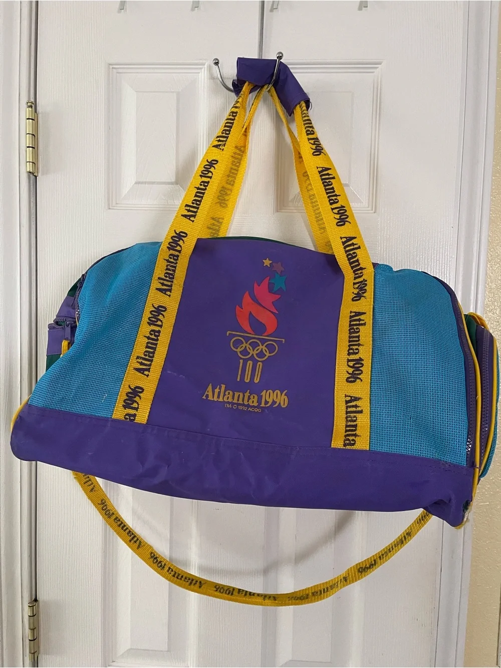Atlanta 1996 Purple & Teal Olympic Duffel Bag with Yellow Straps